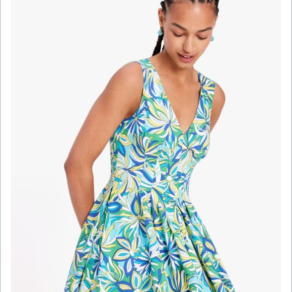 Kate Spade Anemone Floral Amelia Dress  Blue Green Sleeveless Pleated Size US 8 - Picture 2 of 14